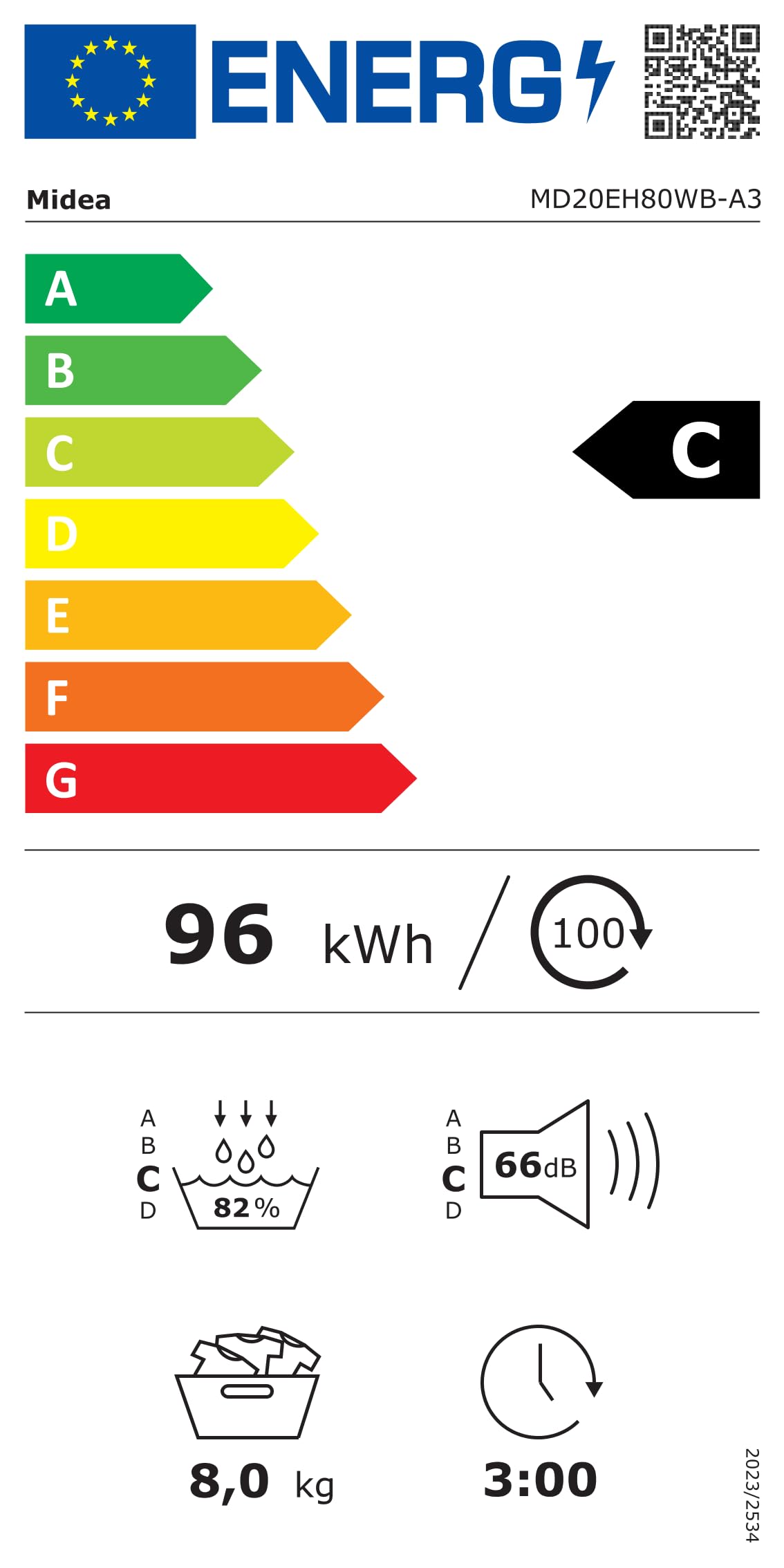 Midea MD20EH80WB-A3 Wärmepumpentrockner 8 kg Energieklasse C UV Hygience Knitterschutz Auto Dry Weiß