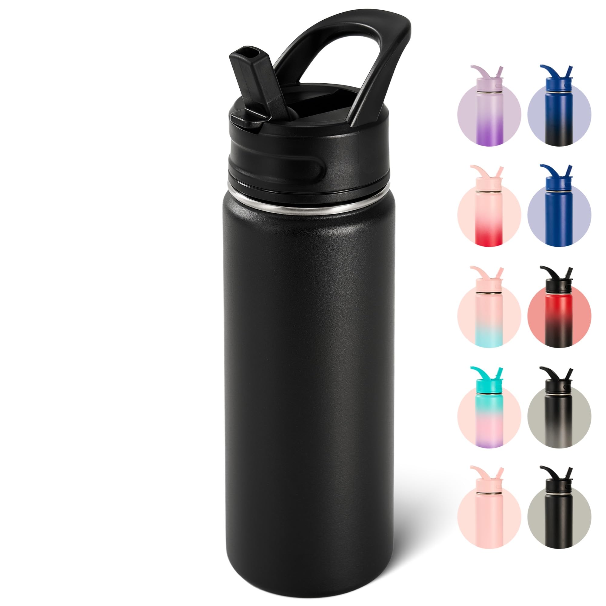 Fijinhom 18oz Insulated Stainless Steel Water Bottle with Straws, Double Wall Vacuum Insulated Bottles, Metal Thermo for Travel, Sports, Leak-Proof, BPA Free, Women & Men, Black
