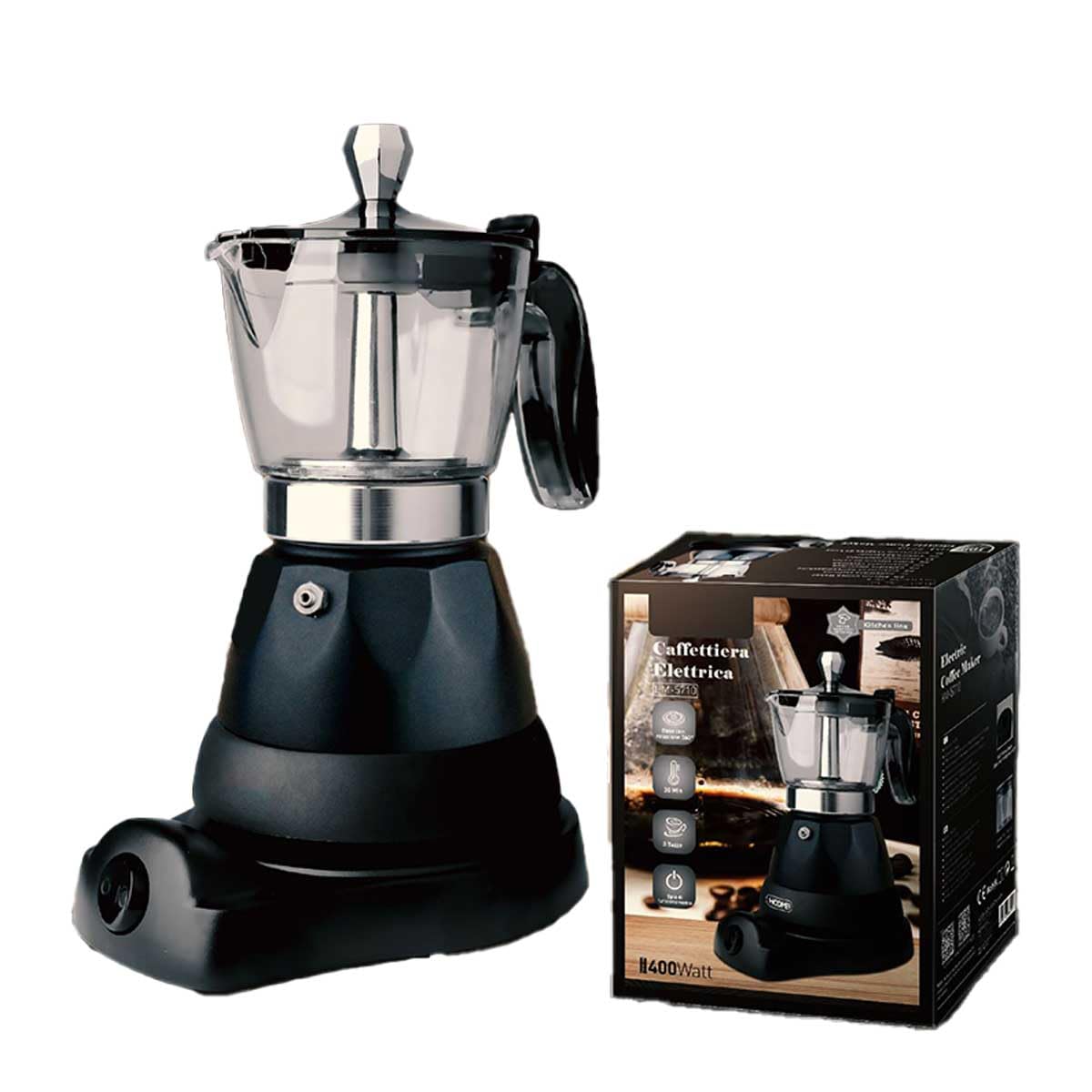 A2ZWORLD Caffettiera Elettrica a 3 Tazze 400W, Macchina da Caffe Elettrica con Base Rotazione a 360°, Mantiene Calore fino 30min, Design Moderno