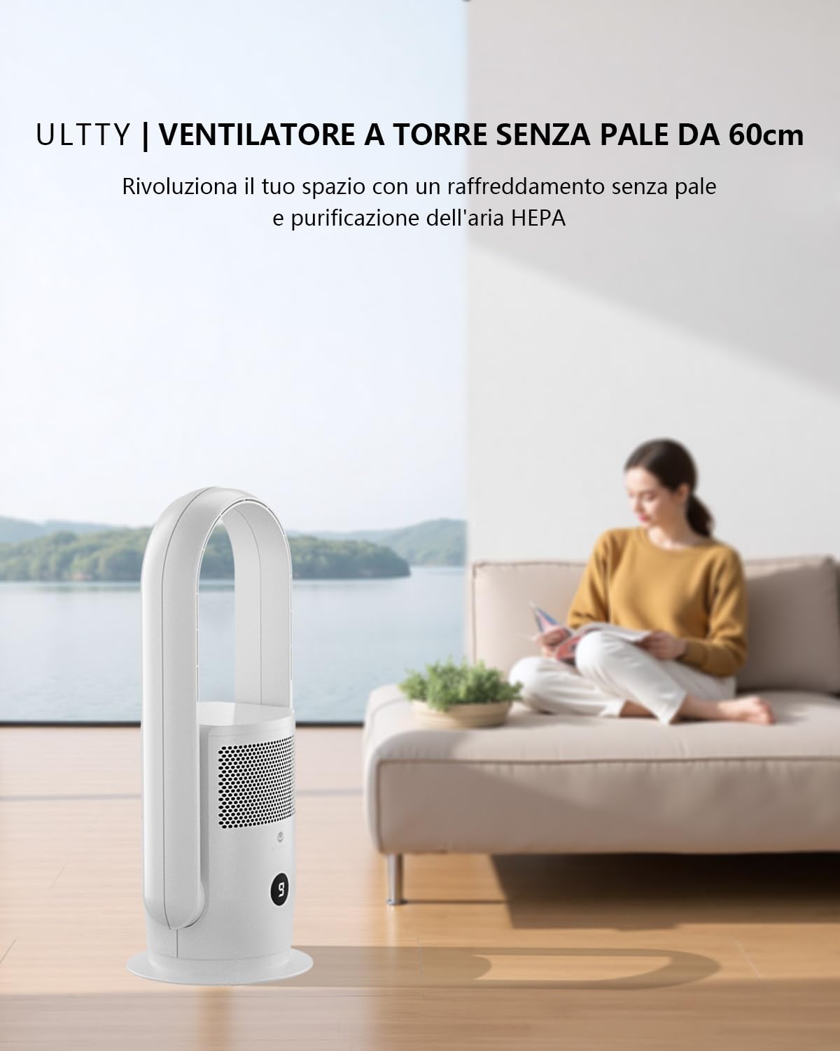 Ventilatore Senza Pale, ULTTY Silenzioso Ventilatore con Purificatore d'Aria con Telecomando, Timer, Alto 60 cm, Oscillazione per Camera da Letto, Ufficio a Casa, CR021 Bianco