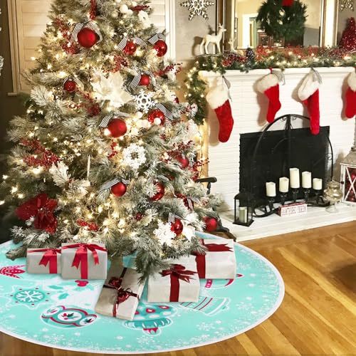 Serencatcher Teal Christmas Tree Skirt 48 Inches, Teal Red Xmas Tree Skirt Mat with Snowflake Bell Pattern for Merry Christmas Tree Ornaments Xmas Happy Halloween New Year Thanksgiving Holiday Party by Serencatcher - Used condition - Image 6