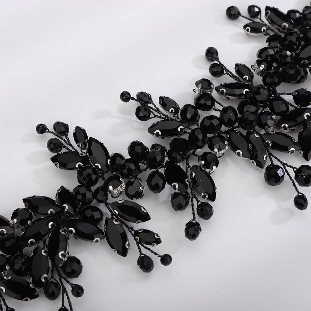 Kercisbeauty Black Rhinestones Crystal Beads Headband Adjustable Handmade Hair Jewelry for Women Girls Wedding Bridal Hair Styling Jewelry - Image 3