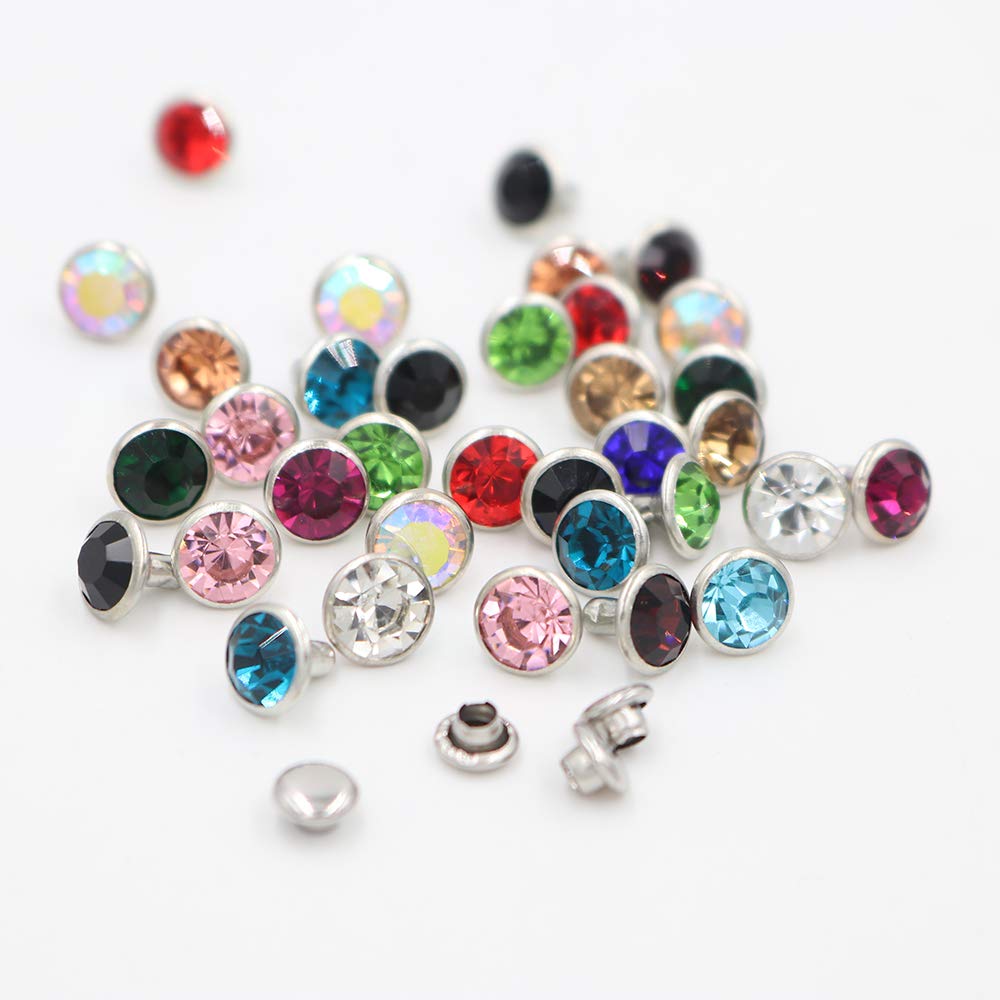100 Sets Cz Colorful Crystal Rivets Silver Color Spots Studs Double Cap for DIY Leather-Craft (Mixed Color, 6MM)