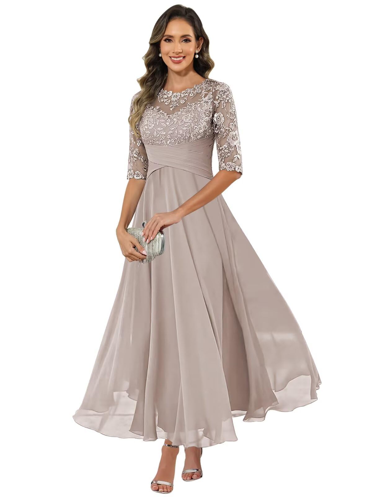 HUINI Damen Brautmutterkleid Chiffon Lang - Spitzen Formales Abendkleid Kleider Halbärmel A-Linie Festliche Für Hochzeit