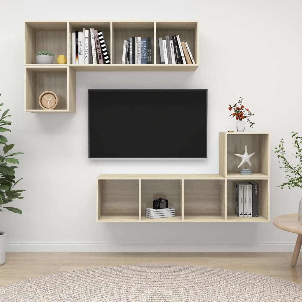 4-TLG. TV-Schrank-Set Sonoma-Eiche Holzwerkstoff, Hängend, Modernes Media Center, Viel Stauraum, für Wohnzimmer und Schlafzimmer