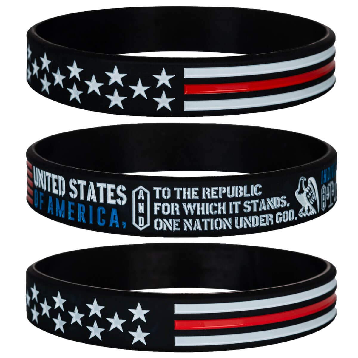 Sainstone Power of Faith Patriotic American Flag Silicone Bracelets Set with Patriot's Prayer, American Power Eagle - USA Thin Red Line Rubber Wristbands Gifts for Patriots, Army, Men, Women (3-Pack)