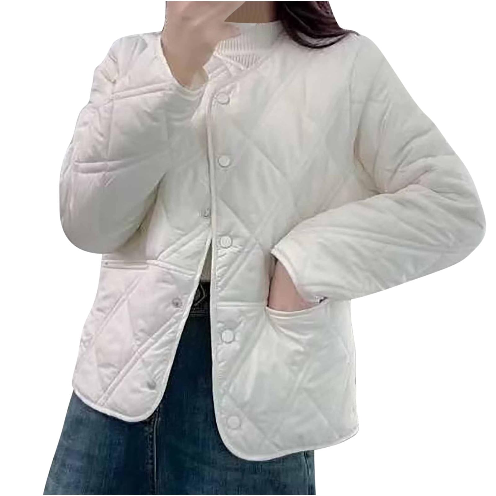Doudoune légère pour femme - Veste matelassée sans col - Veste d'hiver boutonnée à manches longues et col rond - Manteau léger et chaud