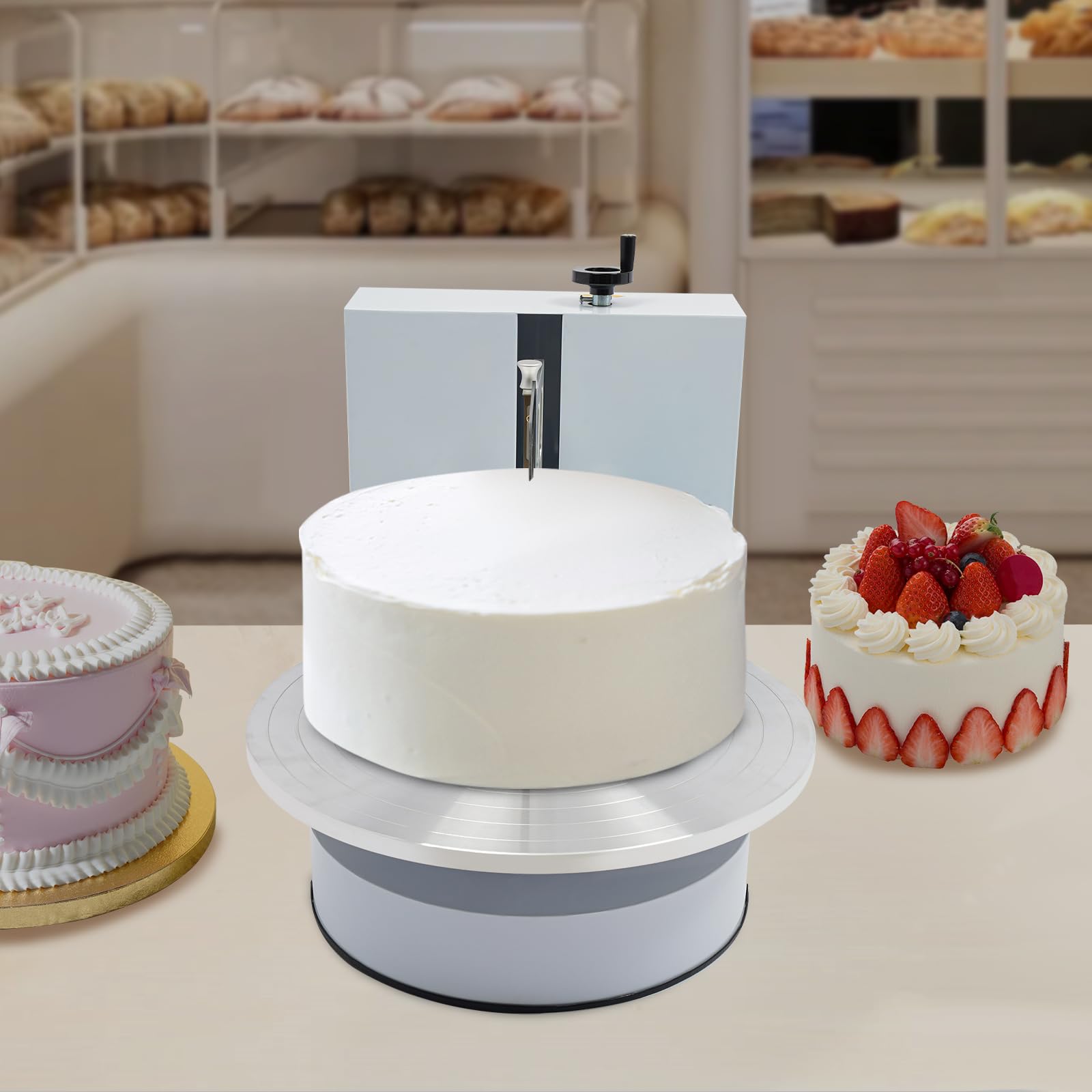 Máquina para Decorar Pasteles, de 4 a 16 Pulgadas, para Extender y Cubrir cremas, con espátula Ajustable y Plato Giratorio, Ideal para pastelerías y Tiendas de postres (Blanca).
