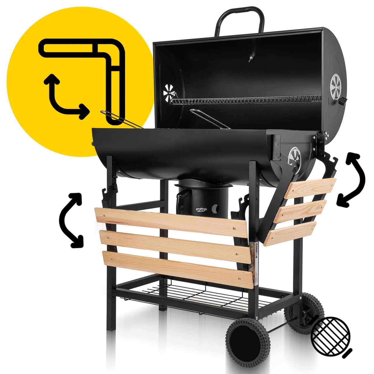MalTec BigBend GM2020 grill na węgiel drzewny, okrągła beczka z fartuchem, grillem ogrodowym, kółkami, z pokrywką, dodatkowe półki
