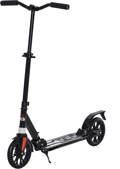 HOMCOM Kick Scooter Foldable Height Adjustable Aluminum Ride for 14+ Adult Teens with Rear Wheel Brake, Shock Mitigation System and Supported Stand