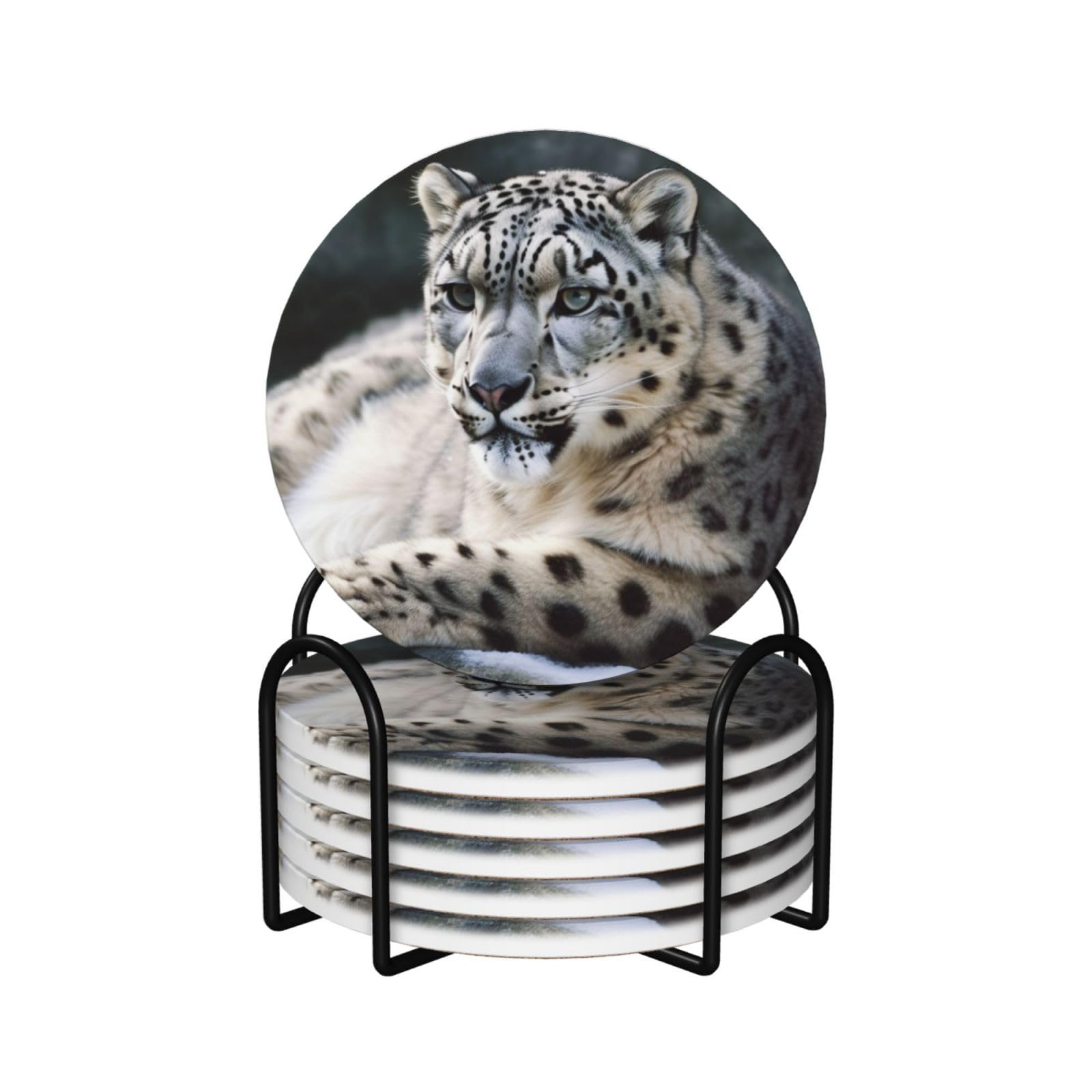 6Pcs Ceramics Coaster for Drinks, Snow Leopard Cup Coasters with Holder, Aesthetic Drink Coasters for Coffee Table, Absorbent Round Coaster for Tabletop Protection 4" Cup Mat Pad