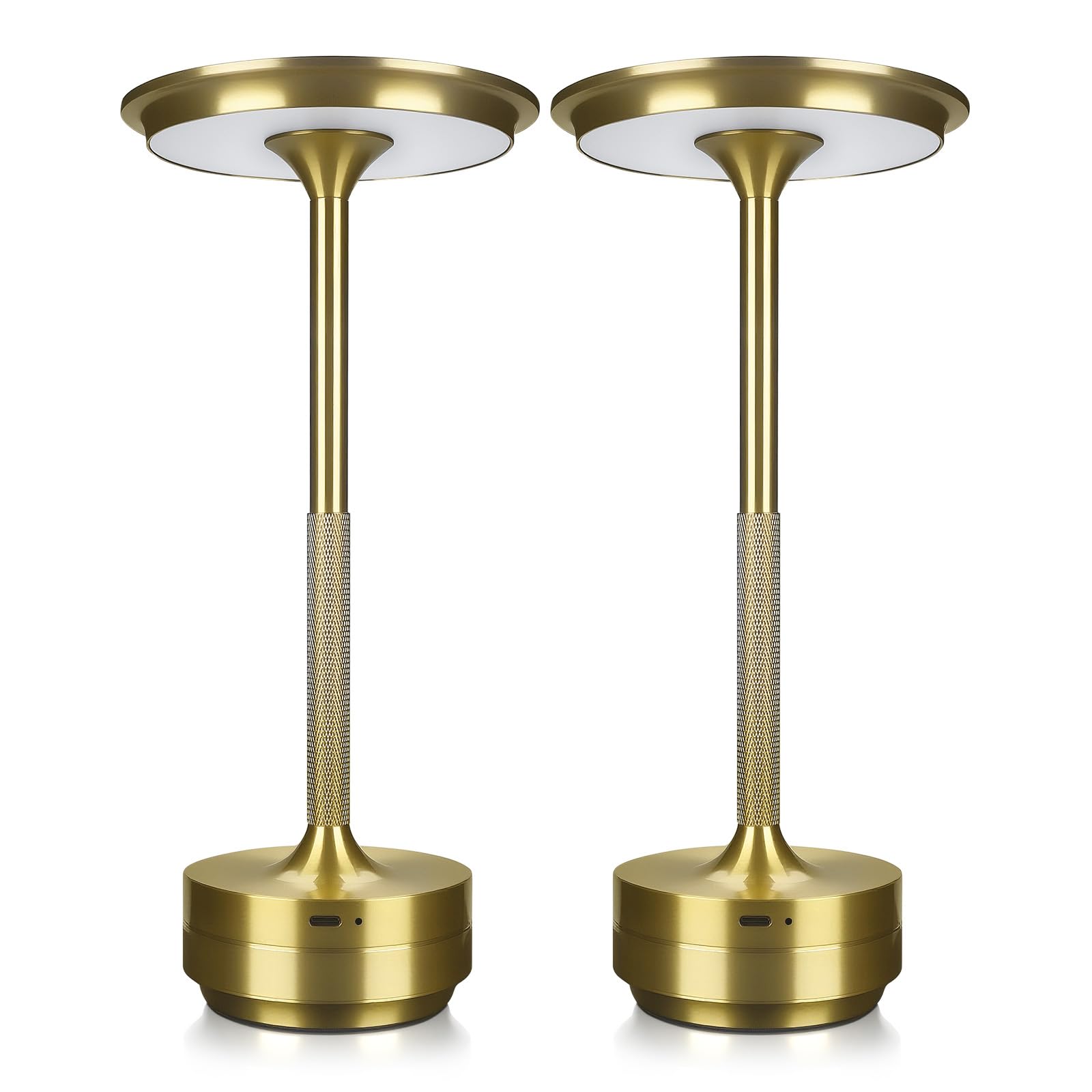 MMOBIEL Cordless Table Lamp Rechargeable Round Metal LED Lamp - Touch Control, 3-Color Dimming, USB-C Charging, 1800mAh Battery - Bedroom, Restaurant, Patio, Indoor/Outdoor – 2 Pack – Gold