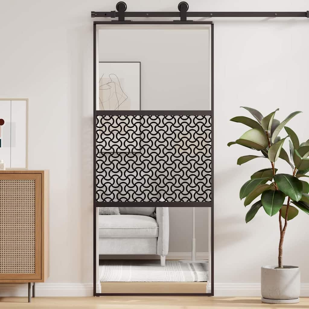 Porte en verre coulissante en aluminium noir 90 x 2 x 205 cm pour intérieur, séparation design moderne avec butée réglable, largeur flexible pour salon, chambre ou cuisine