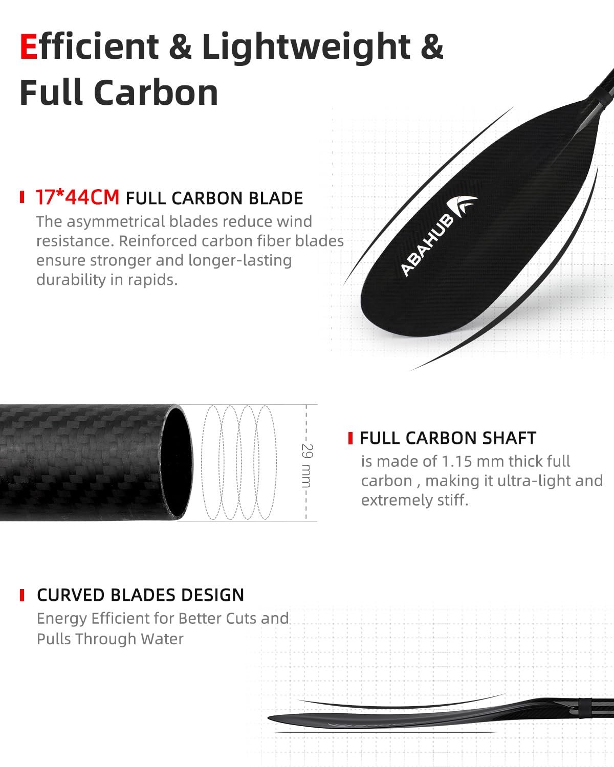 Abahub 2teilig Kajak Paddel Vollcarbon verstellbar 220cm bis 230cm Doppelpaddel mit Paddelleine für Kajakfahren Ruderboot, Carbonschaft Vollkohlefaser Paddelblatt