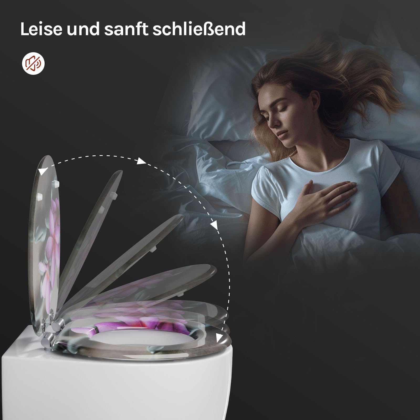 WOLTU Toilettendeckel mit Absenkautomatik O-Form aus MDF, Wc Sitz mit Absenkautomatik, Leicht zu Reinigen, Blumenmotiv Grau