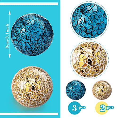 Honeydak 5 Pieces Glass Mosaic Sphere Decorative Balls For Centerpiece Bowls Turquoise Decorative Glass Balls Orbs Decorative Vases Fillers For Home Decoration Dining Table Bowls Tray, Blue,Gold #TOP5