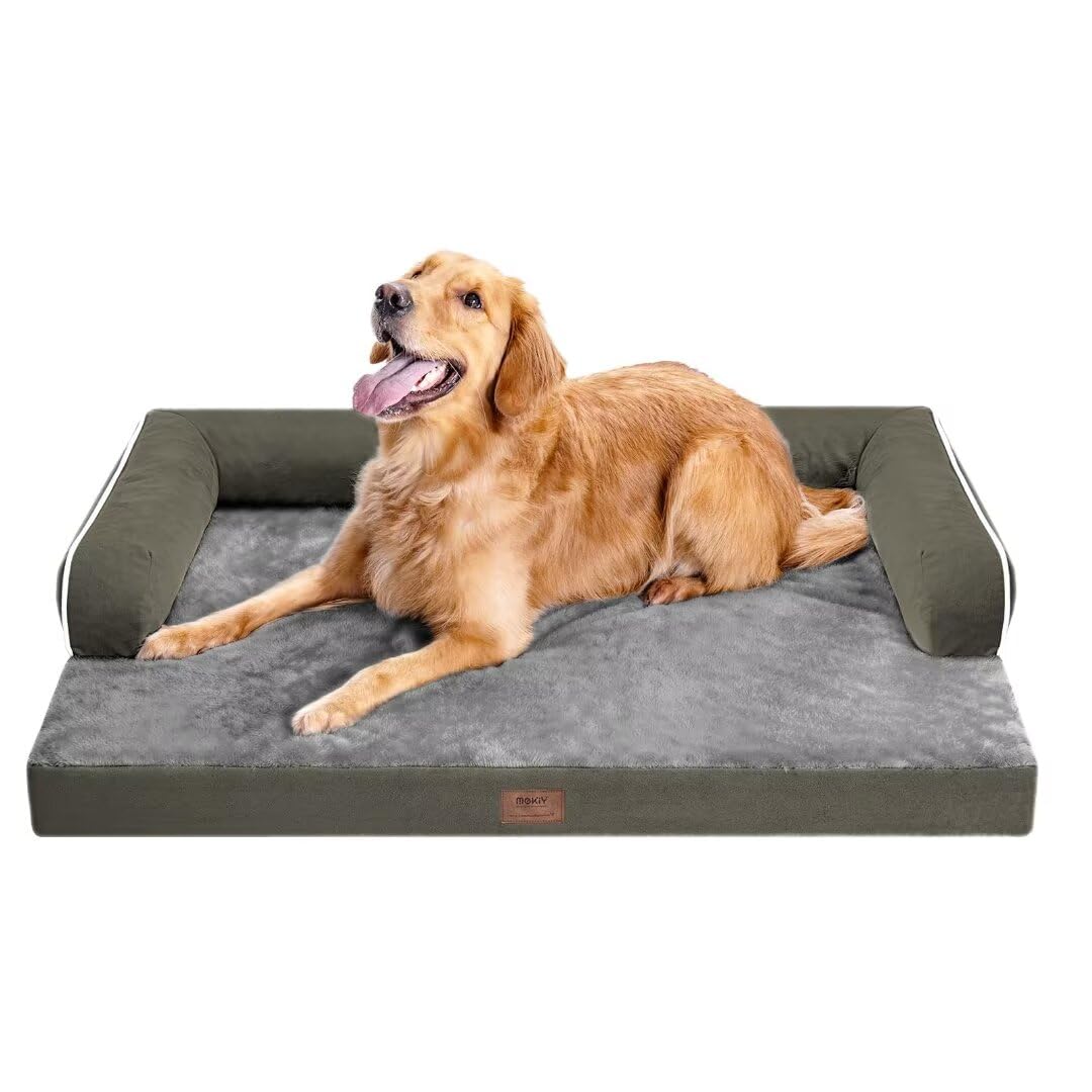 Large Dog Bed Orthopedic Washable - Removable Waterproof Cover Bed Pet - Large Big Dogs - Memory Foam - Couch Sofa with Removable Bolster - Dark Green