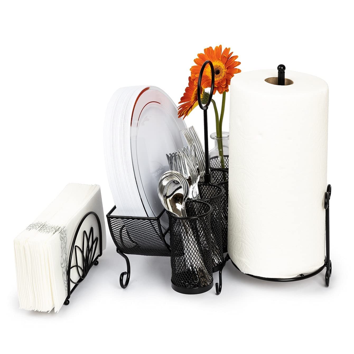 Kauma Utensil Caddy Silverware Holder - Cutlery Storage Organizer Holds Paper Towel, Flatware, (Paper) Plates / Bundled Napkin Holder / Picnic Caddy for RV, Camping, BBQ, Buffet & Outdoor Parties