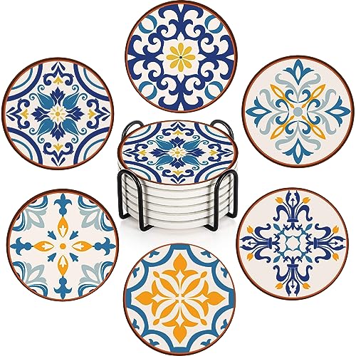 Bribay Coaster for Drinks Set of 6, Colorful Ceramic Talavera Flower Vintage Absorbent Round Ceramic Stone Mat, with Cork Base and Metal Holder, Gift for Housewarming Room Bar Decor