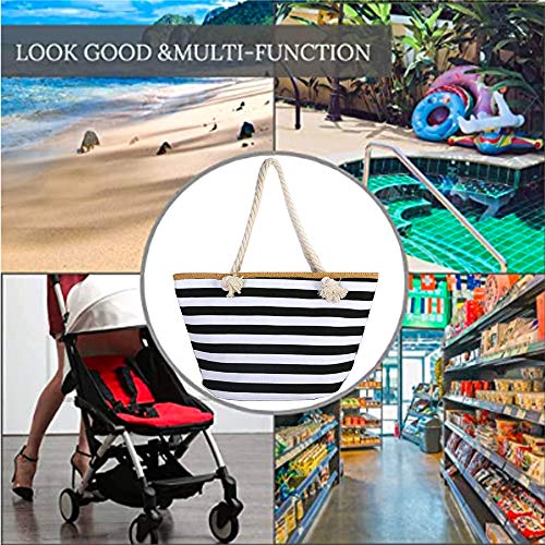 Large Canvas Striped Beach Bag - Top Zipper Closure - Waterproof Lining - Tote Shoulder Bag For Women's Shoulder… - Image 3