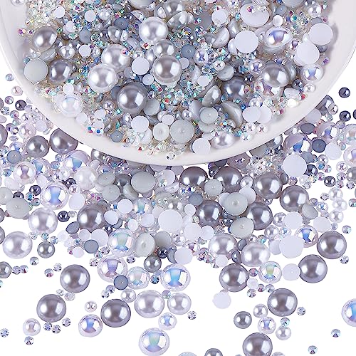 BEEFLYING 60g Mix Flatback Pearls & Resin Rhinestones Half Round Pearl Beads for Crafts 3mm-10mm Half Pearl Rhinestone for Face Art Tumblers Bottles Clothes Gift Card Jewelry Decor(Off-white)