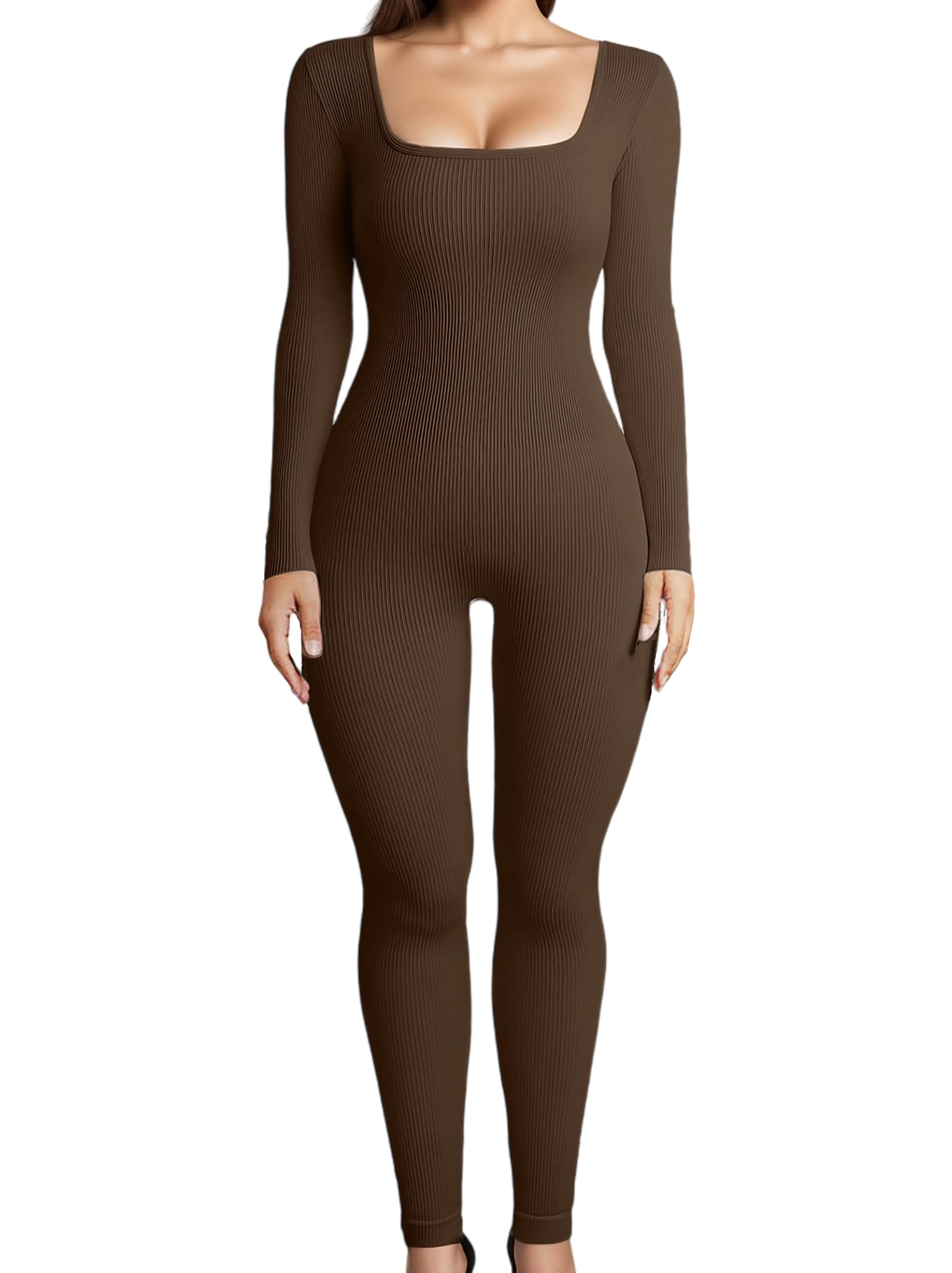 Merlvida Sport Jumpsuits für Damen Eng Langarm Jumpsuit Nahtloser Overall Elastischer Bodysuit Figurformender Einteiler Sexy One Piece Bodycon Outfit für Yoga Fitness Gym