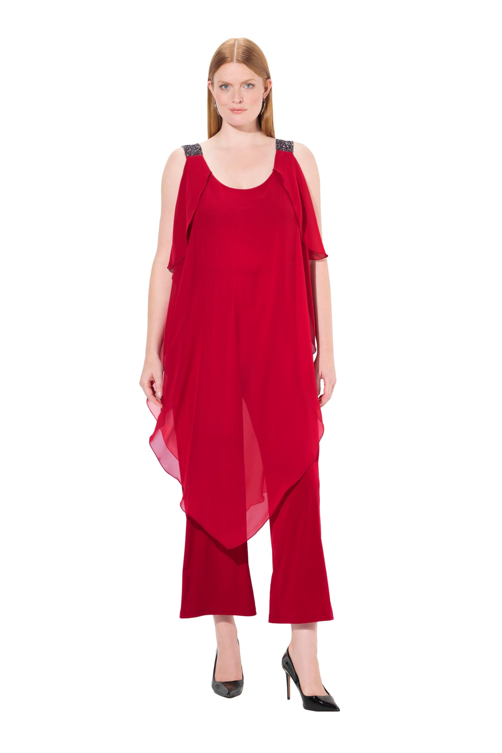 Ulla Popken Damen große Größen Übergrößen Plus Size Jumpsuit, doppellagig, Glitzer-Doppelträger, ärmellos 829821