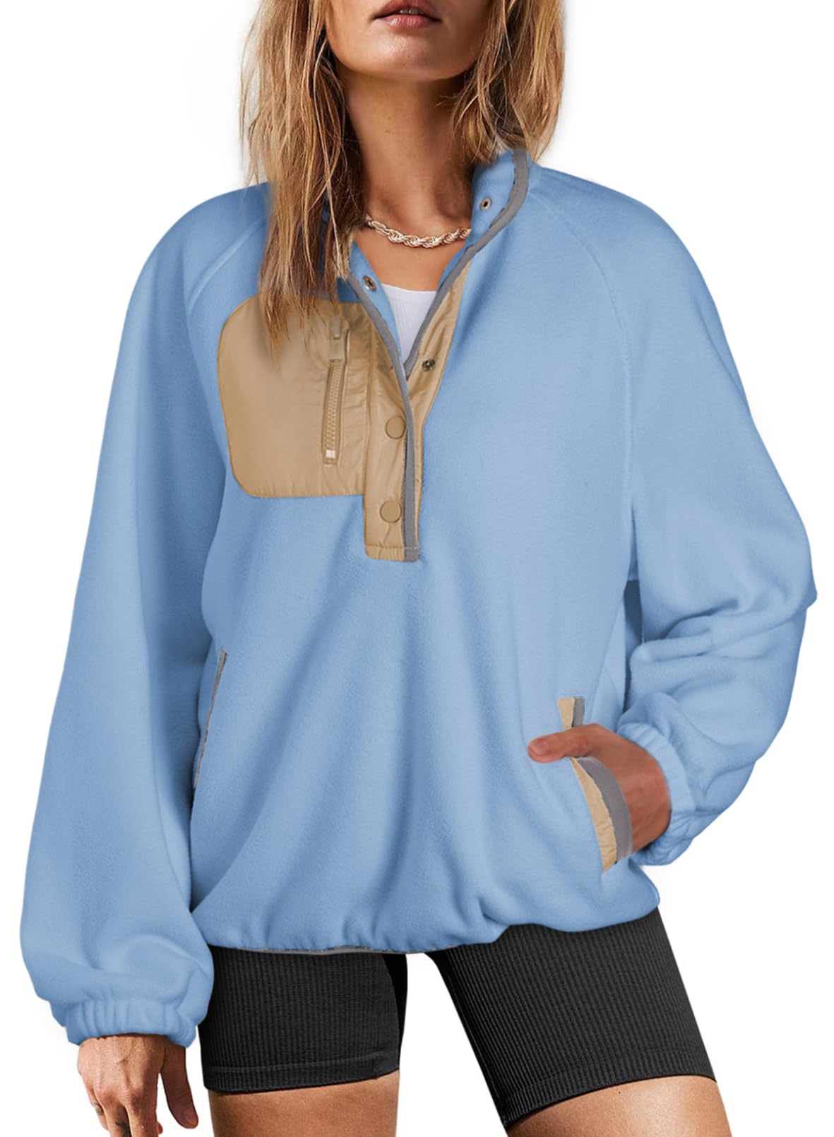 Dokotoo Sweatshirt for Women Oversized Fuzzy Fleece Jacket Color Block Button Long Sleeve Pullover Sherpa Sweatshirts Tops