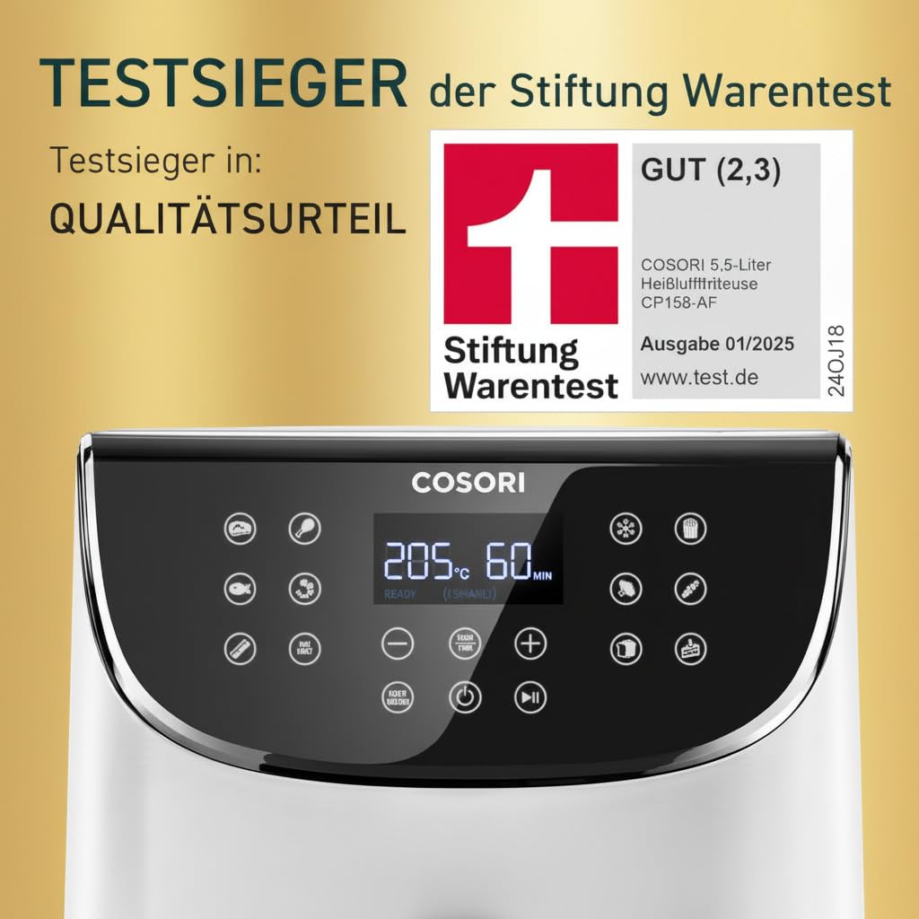 COSORI Heißluftfritteuse, Airfryer Testsieger 2024, 11-in-1 Air Fryer 5,5L, Heissluftfritteuse mit Shake-Reminder, 97,3 Prozent ölsparend, 67,5 Prozent energiesparend, spülmaschinenfest Körbe, Weiß