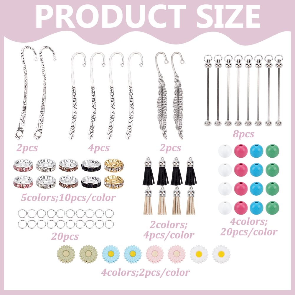 FREEBLOSS 166pcs Beadable Bookmarks Kit DIY Metal Daisy Bar Bookmarks Beaded Bookmarks 8 Set DIY Bookmark Kit Silicon Daisy Rhinestone Wood Beads Bookmark Making Kit for Gift Supplies - Image 2