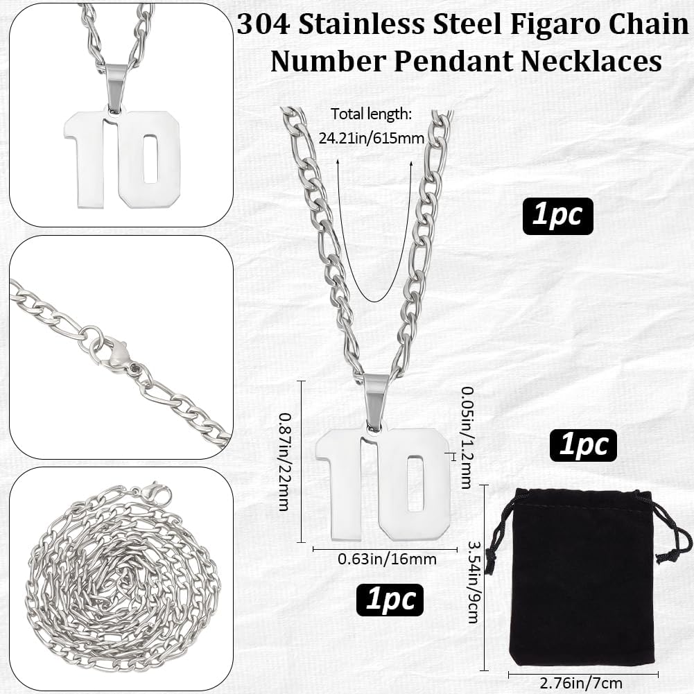 Beebeecraft 1Box 1Pcs Figaro Chain 304 Stainless Steel Silver Athletes Sport Personalized Jersey Number Necklace with Rope for Men Jewelry Baseball Basketball Football Team Inspiration Gifts