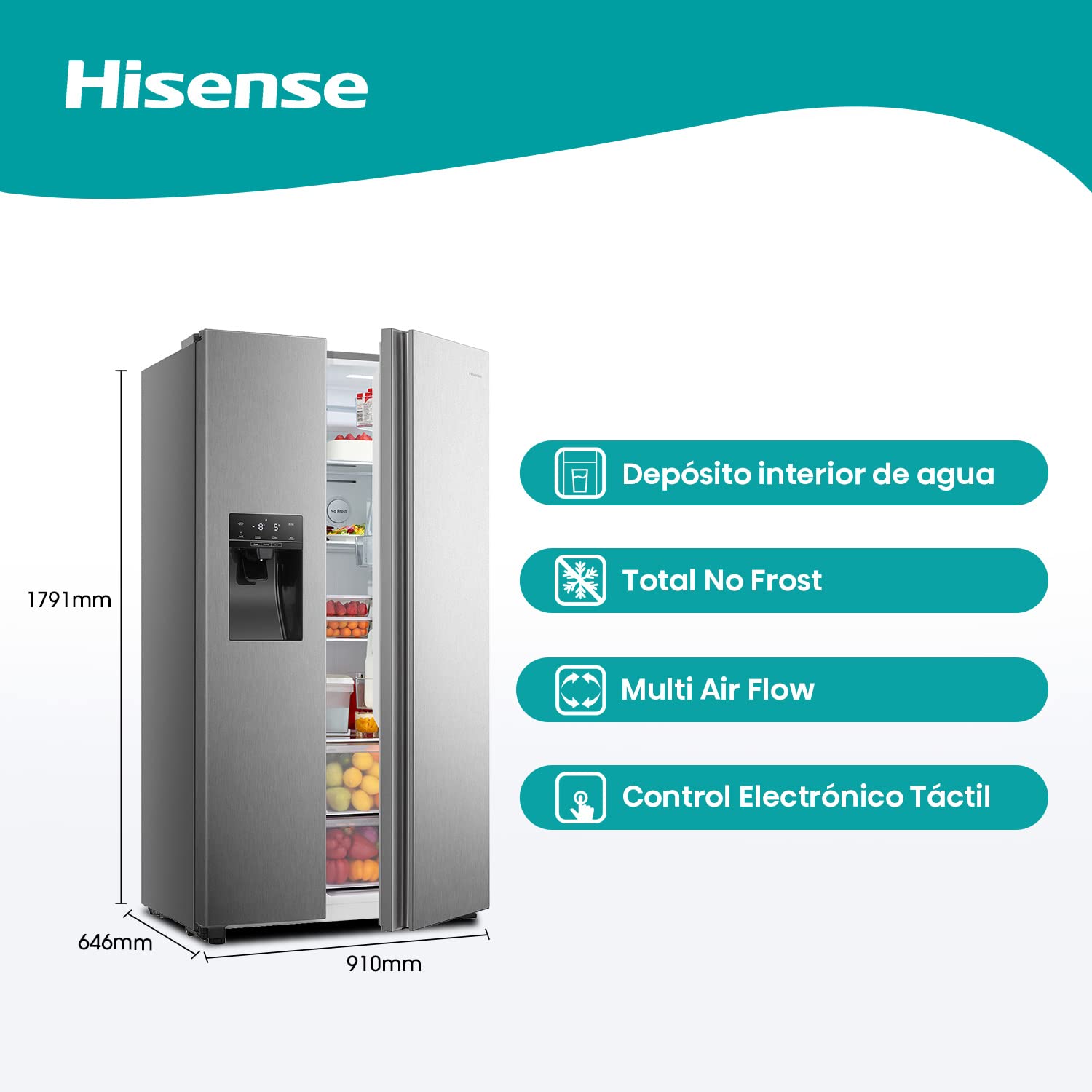 Hisense RS650N4AC1 - Frigorífico Side By Side, Total No Frost con ventilación Multi Air Flow, Dispensador de hielo y agua, 499 L de capacidad, acabado inoxidable