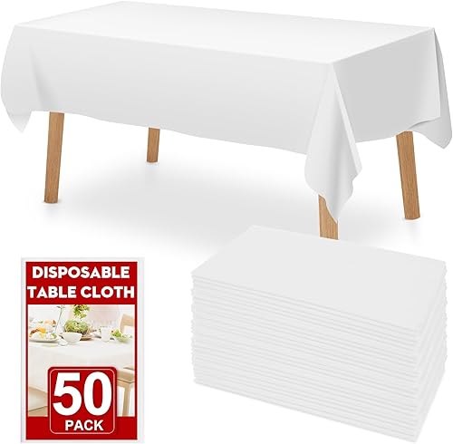 Paquete de 50 manteles desechables de plástico blanco, 54 x 108 pulgadas, para mesas rectangulares, mantel desechable para cenas, fiestas,