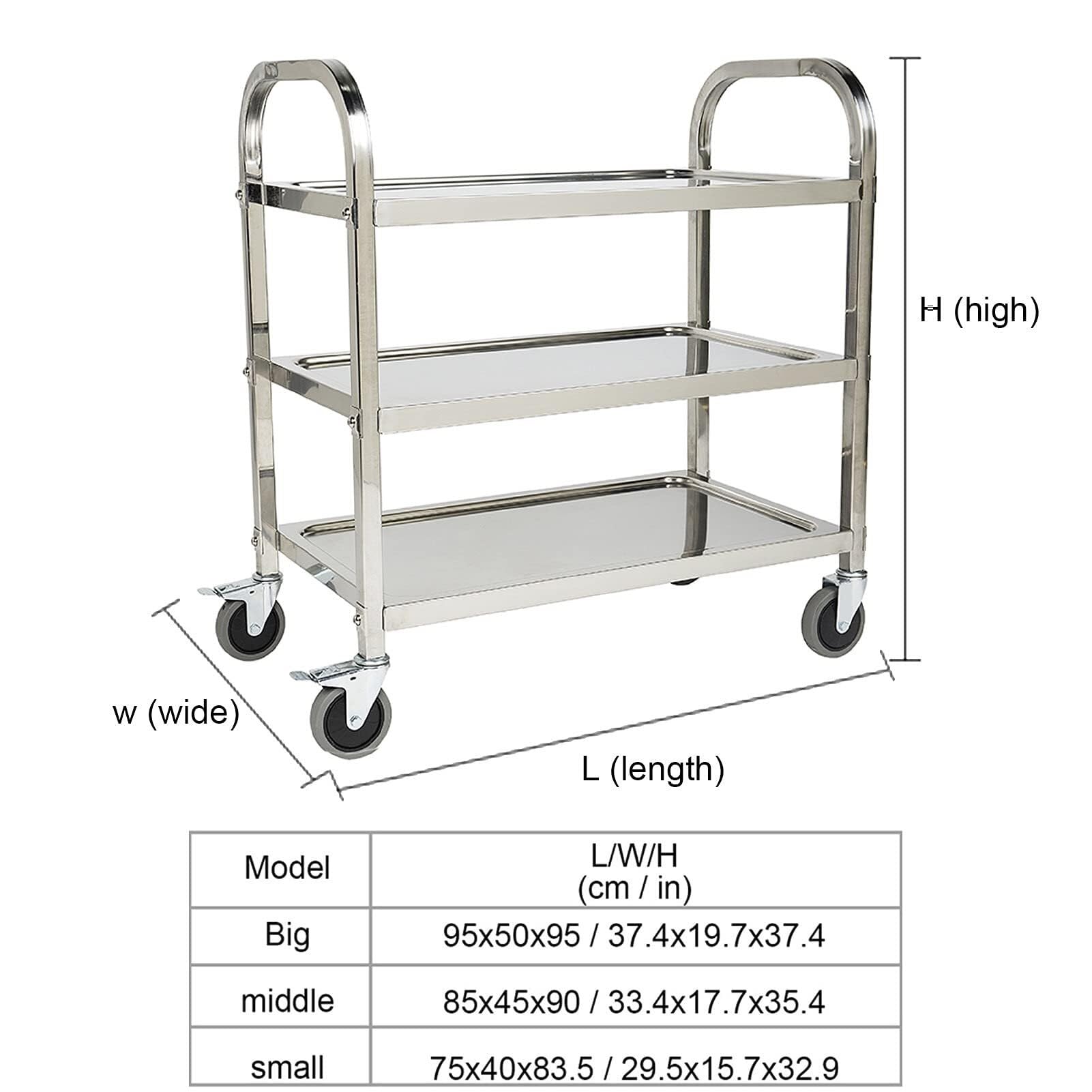 Carrito de servicio de acero inoxidable con ruedas bloqueables de 3 niveles, bandeja extraíble, práctico para uso en casa, hotel y restaurante, 85 x 45 x 90 cm, carrito multifunción