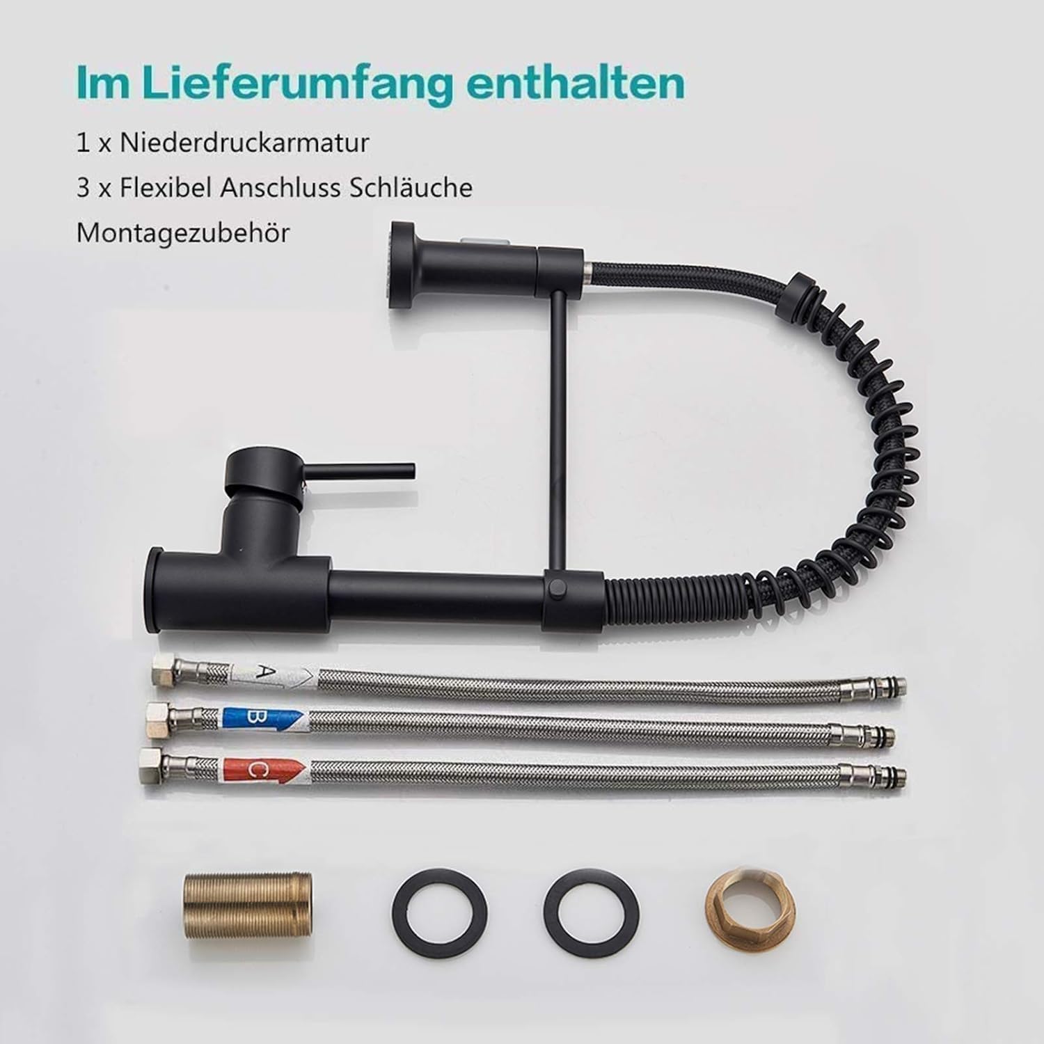 Wasserhahn Küche Niederdruck Schwarz Küchenarmatur Niederdruckarmatur mit 2 Sprühfunktionen 360° Drehbar mit 3 Schläuche Kaltem und Heißem Wasser Vorhanden