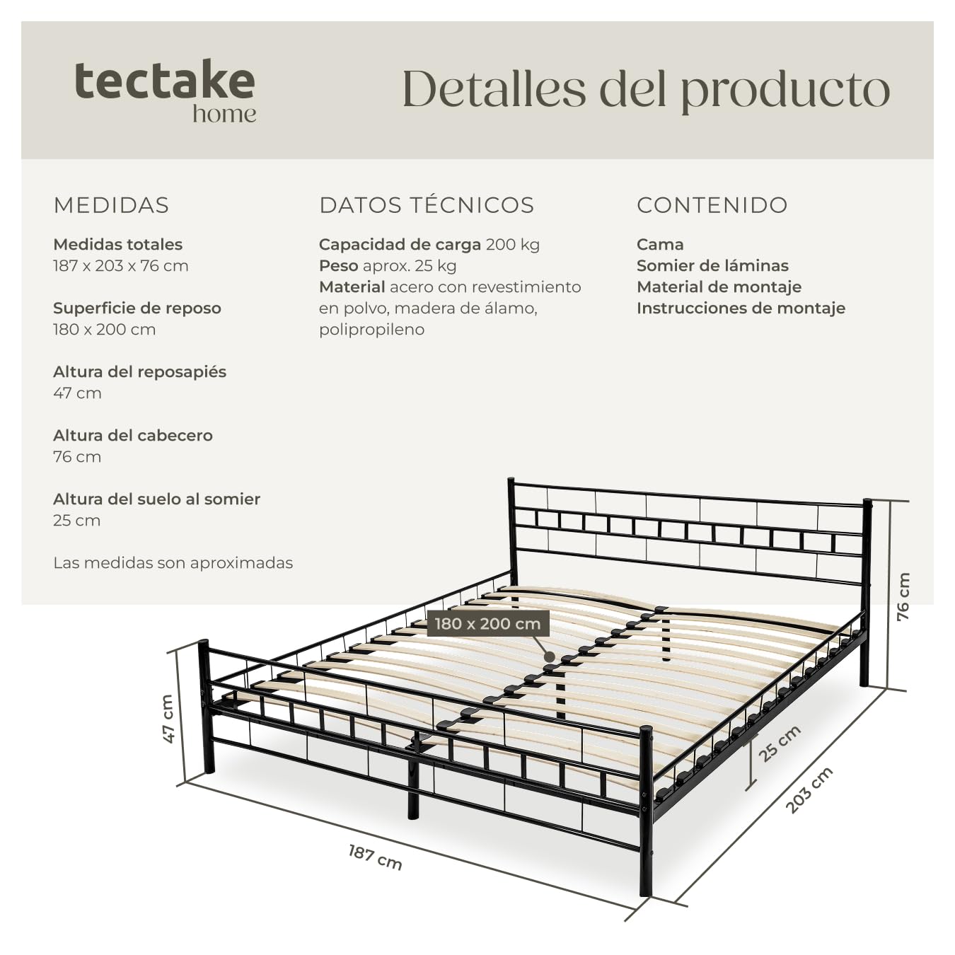 tectake® Cama Matrimonio Estructura de Acero Robusto con Somier de Láminas de Madera, Muebles de Dormitorio, Cama Completa, Resistente, Fácil de Limpiar, Base de Cama - 180 x 200 x 76 cm Negro