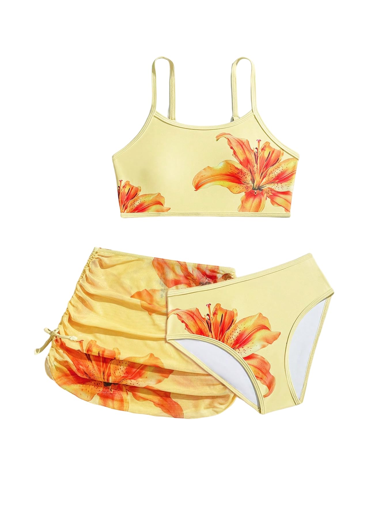 Girl'S 3 Piece Bikini Set Floral Spaghetti Strap Swimsuit with Cover Up Drawstring Sheer Skirts(10 Years)