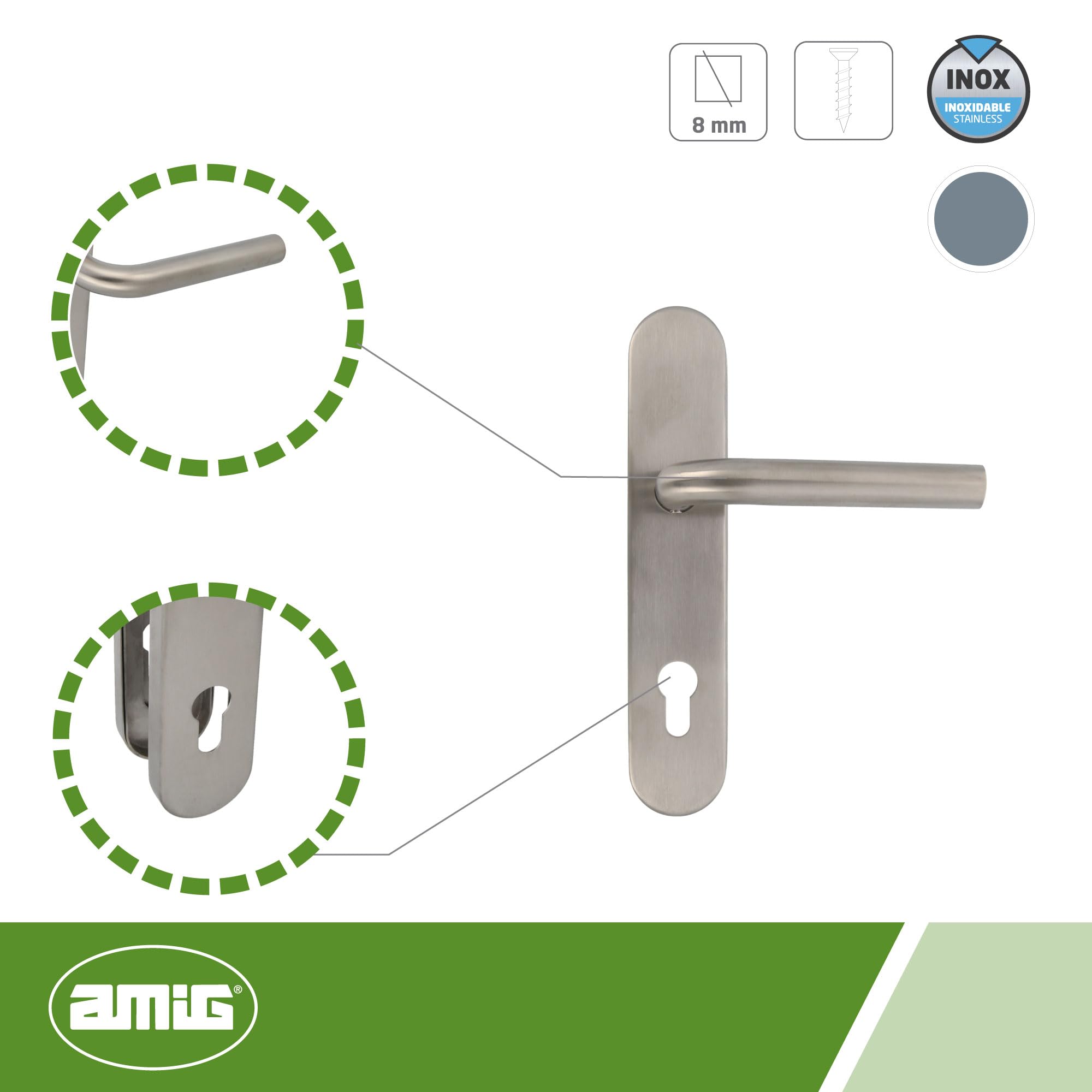 Amig - Juego de Manillas con Placa para puerta - Maneta con Bocallave - Mod. 4PXB - Acero inoxidable 18/8-230 x 45 mm - Cuadradillo de 8 mm - Plateado mate