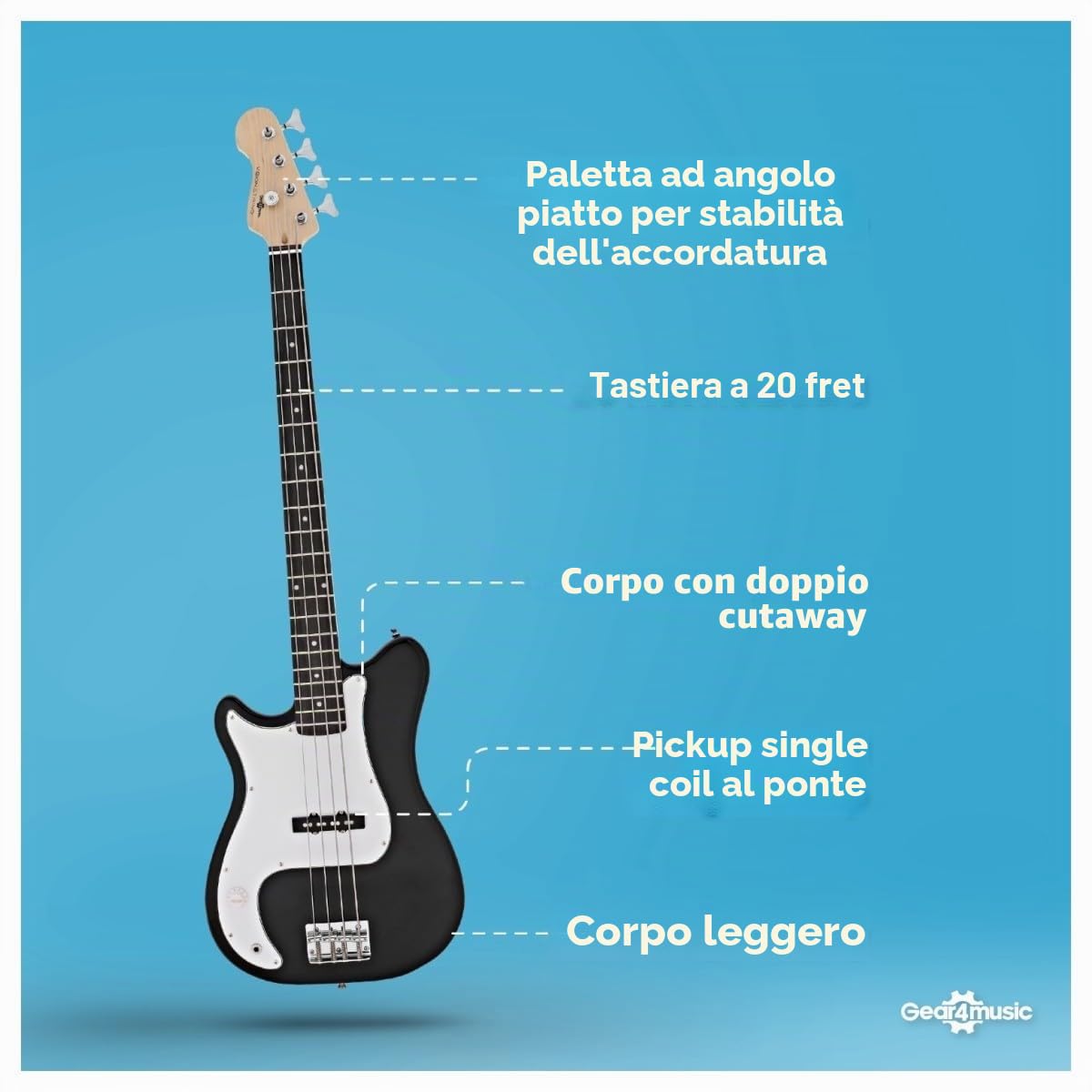 VISIONSTRING Kit Basso Elettrico 3/4 Mancino con Ampli 10W e Accessori | Per Bambini e Principianti, Manico a C, Doppio Cutaway, Ampli 10W, Borsa, Tracolla, Plettri e Accordatore Inclusi