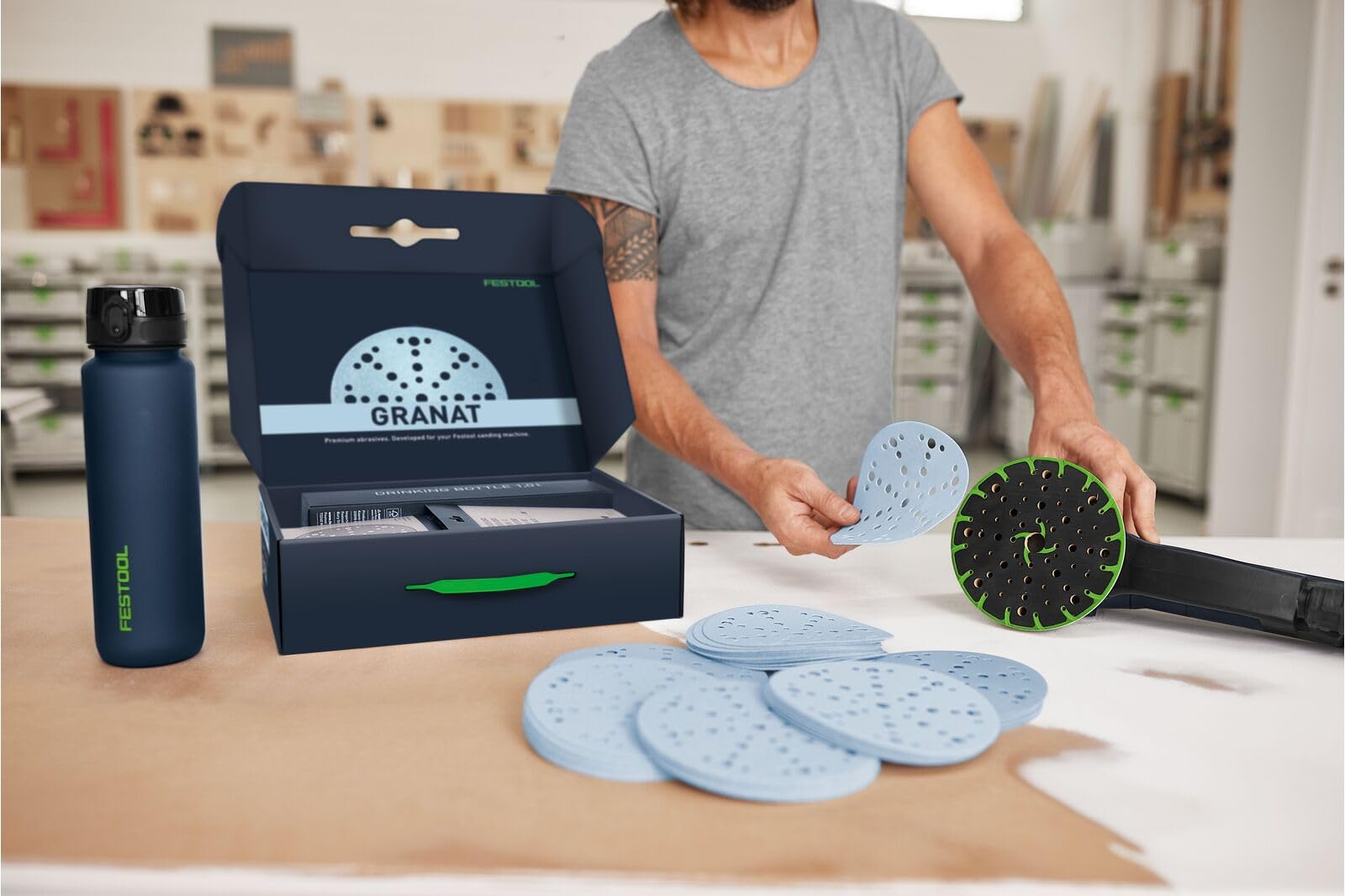 Festool Granat Schleifscheiben Set D150-60x Schleifpapier & Trinkflasche | Für VOC-Lacke & harte Untergründe - Körnung P60 bis P320 - 49-Loch Multi-Jetstream 2 - Passend für RO 150 & ETS 150