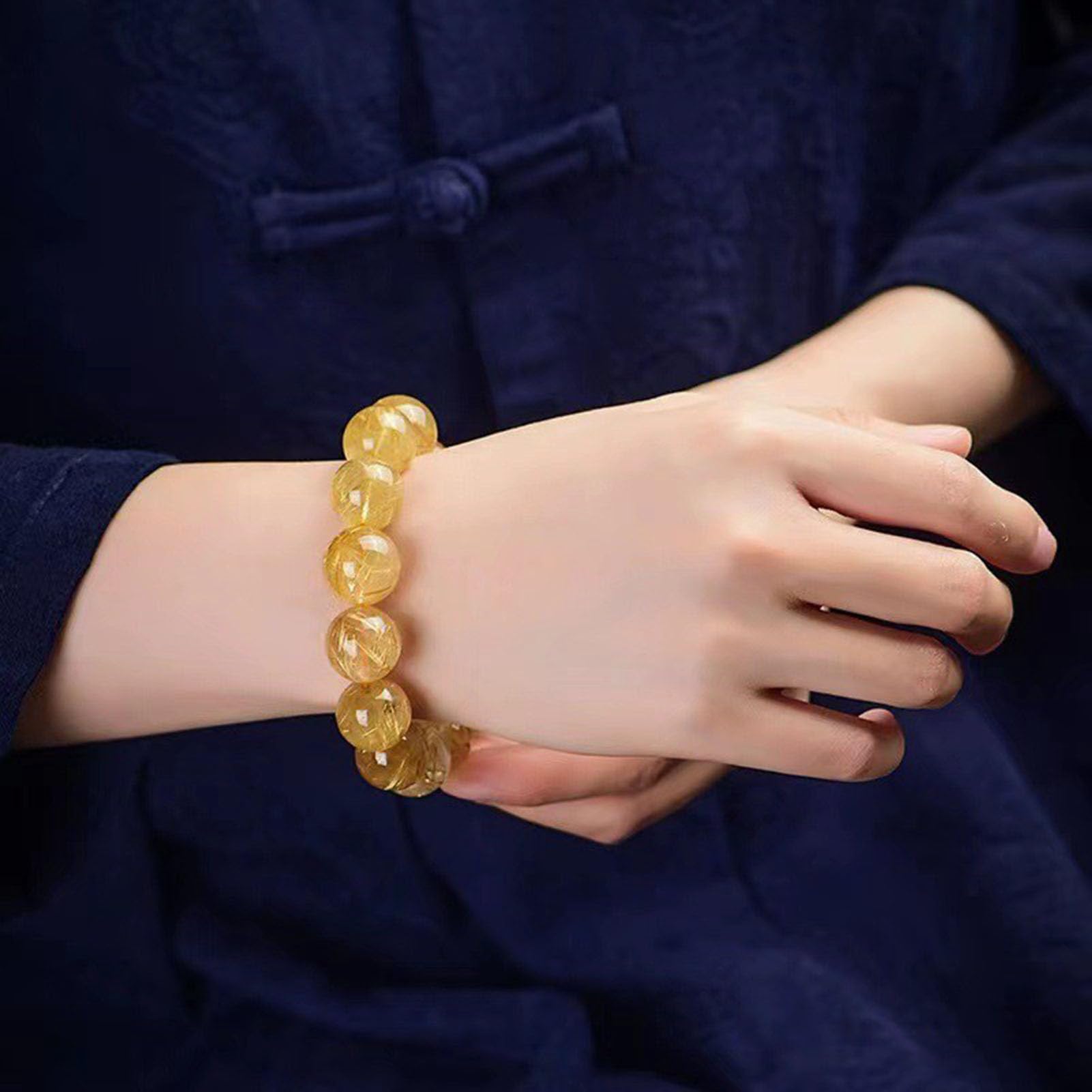 Natürliches Citrin- und Gold-Rutilquarz-Armband für Damen und Herren, echte Kristall-Heilperlen, Verstellbarer Stretch-Steinschmuck für Fülle, Reichtum, Positivität und Chakra,7MM