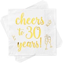 Napkins 30th Birthday Pack of 40, White Napkins Cheers to 30 Years, Cocktail Napkins, Table Decoration 30th Birthday Paper Napkins Man Woman Party Anniversary, 3-Ply, Gold Foil Lettering