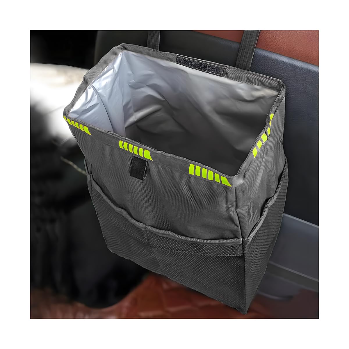 Hanging Car Trash Can with Storage Pockets, Waterproof Leakproof Automotive Garbage Bag, Washable Foldable Large Capacity Vehicle Trash Bin, Universal for RV, SUV, Truck (Black)