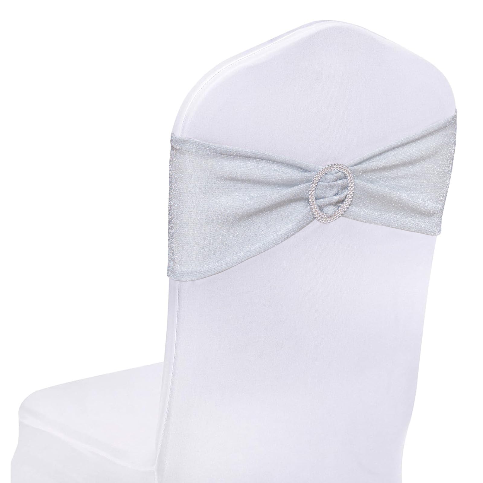 SquarePie Pack of 100 Silver Chair Sashes Bows with Buckle Slider Universal Elastic Spandex Chair Bands Ties for Banquet Event Decor