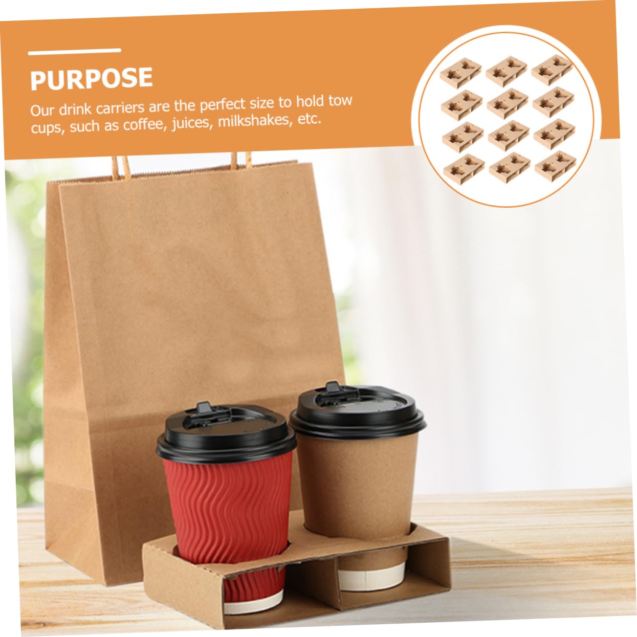 WOONEKY Porta Bicchieri in Carta Ondulata Resistente e Sicuro 2 Tazze Confezione da 50 Pezzi per Bevande da Asporto per Caffè e Uso Takeout