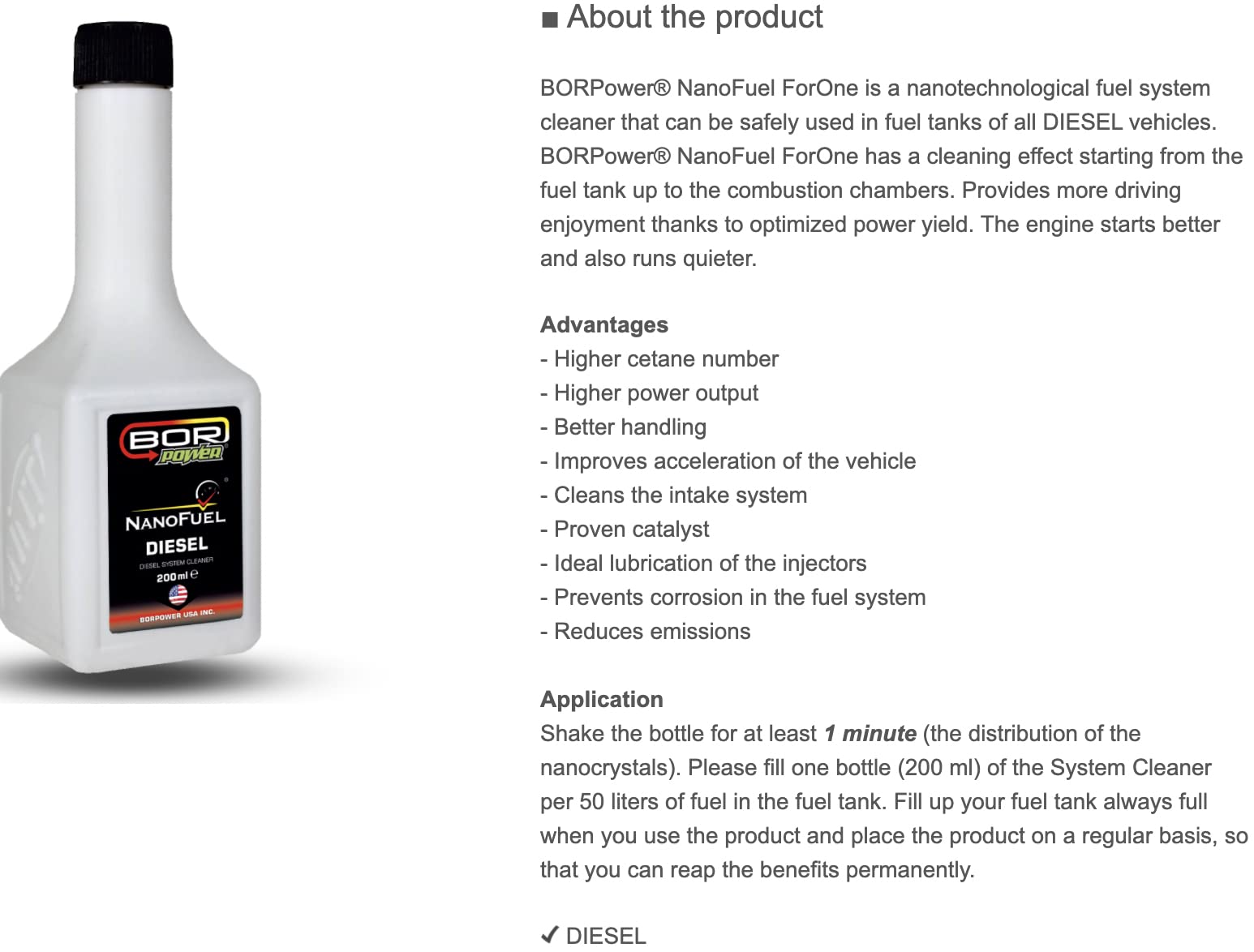 BorPower Premium Diesel System Cleaner, Nanotechnological, 200ml
