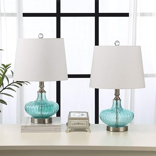 Miniatura 7 de Juego de 2 lámparas de mesa de cristal de 19 pulgadas, modernas lámparas de noche de color aguamarina costera con pantalla de tela blanca para sala