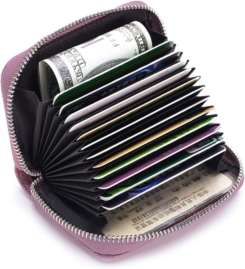 Image of VOGARD Unisex RFID Blocking Leather Card Holder Wallet with Zip Closure | 12 Card Slots & Cash Pocket | Compact Accordion Credit Card Organizer for Men & Women (Lavender)