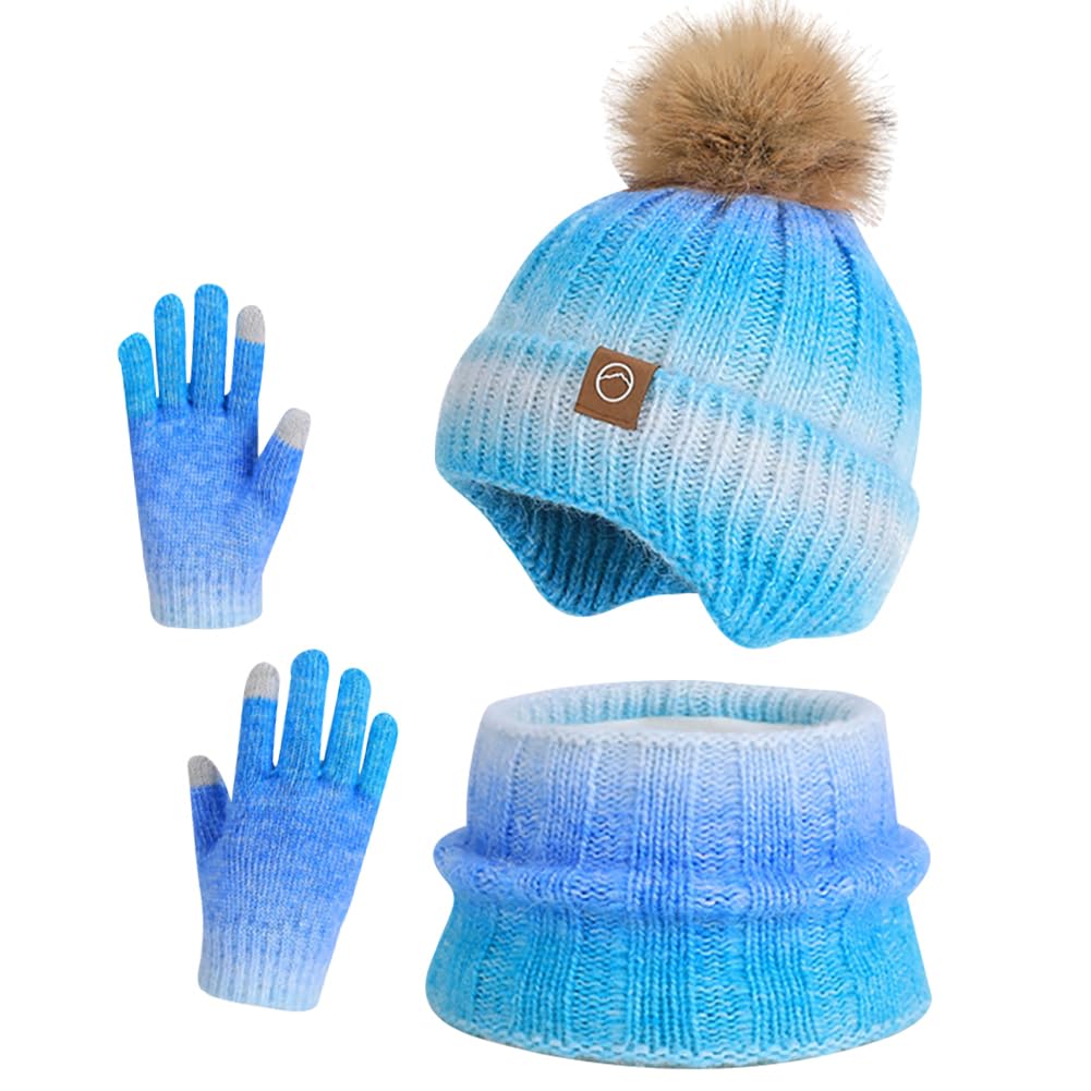 Spiritzohic Kids Winter Beanie Hat Scarf Gloves Set, 3 in 1 Thermal Knitted Pom Pom Hat Snood Gloves Winter Accessories Beanie Hats and Glove for Boys Girls Children 2-10 Years Old-C