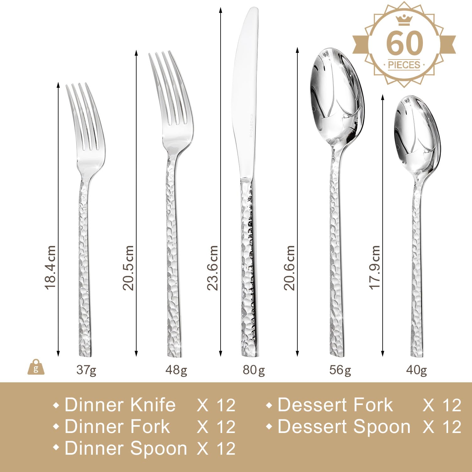 HIKAA Besteck Set 12 Personen aus Gehämmert, 60-Teilig Essbesteck 18/10, Edelstahl Besteckset für Zuhause, Partys, Hochzeiten, Cutlery Set Hochglanzpoliert Spülmaschinenfest, (Silber)